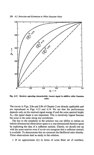 250 4.2 Detection and Estimation in White Gaussian Noise
t
Fig. 4.13 Receiver operating characteristic: known signal in additive white Gaussian
noise.
The curves in Figs. 2.9a and 2.9b of Chapter 2 are directly applicable and
are reproduced as Figs. 4.13 and 4.14. We see that the performance
depends only on the received signal energy E and the noise spectral height
N0-the signal shape is not important. This is intuitively logical because
the noise is the same along any coordinate.
The key to the simplicity in the solution was our ability to reduce an
infinite dimensional observation space to a one-dimensional decision space
by exploiting the idea of a sufficient statistic. Clearly, we should end up
with the same receiver even if we do not recognize that a sufficient statistic
is available. To demonstrate this we construct the likelihood ratio directly.
Three observations lead us easily to the solution.
1. If we approximate r(t) in terms of some finite set of numbers,
 