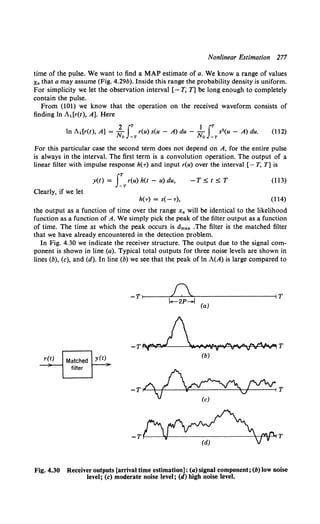 Nonlinear Estimation 277
time of the pulse. We want to find a MAP estimate of a. We know a range of values
Xa that a may assume (Fig. 4.29b). Inside this range the probability density is uniform.
For simplicity we let the observation interval [- T, T] be long enough to completely
contain the pulse.
From (101) we know that the operation on the received waveform consists of
finding In A.[r(t), A]. Here
2 IT 1 IT
In A1 [r(t), A] = .., r(u) s(u - A) du - N s2(u - A) du.
''O -T 0 -T
(112)
For this particular case the second term does not depend on A, for the entire pulse
is always in the interval. The first term is a convolution operation. The output of a
linear filter with impulse response h(T) and input r(u) over the interval [- T, T] is
-TS t S T (113)
Clearly, if we let
y(t) = rTr(U) h(t - U) du,
h(T) = S(- T), (114)
the output as a function of time over the range Xa will be identical to the likelihood
function as a function of A. We simply pick the peak of the filter output as a function
of time. The time at which the peak occurs is dma• .The filter is the matched filter
that we have already encountered in the detection problem.
In Fig. 4.30 we indicate the receiver structure. The output due to the signal com-
ponent is shown in line (a). Typical total outputs for three noise levels are shown in
lines (b), (c), and (d). In line (b) we see that the peak of In A(A) is large compared to
r(t) Matched y(t)
filter
A
-T~l----~~L-
2~p~~~--------------~IT
(a)
T ....._ /  , •• ¥._•-- A . . . . . . . . .
- "t ·~· v:;.. v y ~iF" V o w:v--1
(b)
-Tli'~T
) (c)
-T~T
(d)
Fig. 4.30 Receiver outputs [arrival time estimation]: (a) signal component; (b) low noise
level; (c) moderate noise level; (d) high noise level.
 