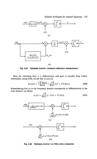Solution Techniques for Integral Equations 313
r(t)
s(t)
(a)
r(t)
(b)
Fig. 4.43 Optimum receiver: estimator-subtractor interpretation.
Thus the whitening filter is a ditferentiator and gain in parallel (Fig. 4.44a).
Alternately, using (234), we see that G"'(jw) is,
. v£ S(jw) v£ 2 2 •
G«~(Jw) = S.(w) = 2ka.• (w + k ) S(Jw). (244)
Remembering that jw in the frequency domain corresponds to differentiation in the
time domain, we obtain
r(t)
v£
g"'(t) = 2ka.• [-s"(t) + k2 s(t)],
_ ~ (s'(t) + ks(t)]
-y2ku.2
(a)
-yE [-sN(t) +k2 s(t)]
2ku 2
n (b)
Fig. 4.44 Optimum receiver: no white noise component.
(245)
 