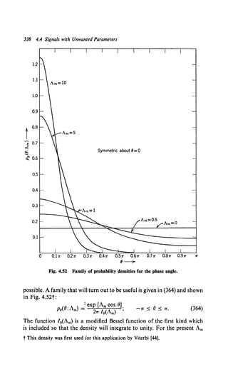 338 4.4 Signals with Unwanted Parameters
1.2
1.1
1.0
0.9
t
0.8
,......
0.7
e
< Symmetric about 9=0
~
~ 0.6
0.5
0.4
0.3
0.2
0.1
,_
Fig. 4.52 Family of probability densities for the phase angle.
possible. A family that will turn out to be useful is given in (364) and shown
in Fig. 4.52t:
(8.A ) ~ exp [Am cos 8).
PB . m 271' fo(Am) '
-71' ~ 8 ~ 71', (364)
The function /0(Am) is a modified Bessel function of the first kind which
is included so that the density will integrate to unity. For the present Am
t This density was first used ior this application by Viterbi [44].
 
