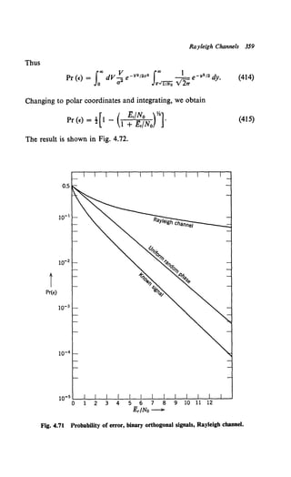 Rayleigh Channels 359
Thus
Changing to polar coordinates and integrating, we obtain
(415)
The result is shown in Fig. 4.72.
t
Pr{e)
1o-5 ~~--~~~--~-J--~-J--~~--~~--~~
0 2 3 4 5 6 7 8 9 10 11 12
E,fNo ___,..
Fig. 4.71 Probability of error, binary orthogonal signals, Rayleigh channel.
 