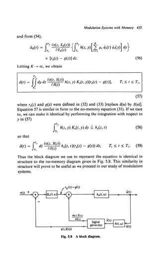 Modulation Systems with Memory 435
and from (54),
A IT' os(z, .XK(z)) {IT' [f ] }
OK(t) = T, OXK(z) T; h(z, y) r..S f-1-r ,P,(t) ,P,(y) dy
x [rg{z) - g(z)] dz. (56)
Letting K--+ oo, we obtain
Tt
A ff os(z, i(z))
a(t) = dy dz ci(z) h(z, y) Ka(t, y)[r9(z) - g(z)],
Tt
(57)
where r9(z) and g(z) were defined in (32) and (33) [replace d(u) by i(u)].
Equation 57 is similar in form to the no-memory equation (31). If we care
to, we can make it identical by performing the integration with respect to
yin (57)
ITt
h(z, y) Ka(t, y) dy Q ha(z, t)
T,
(58)
so that
A IT' os(z, i(z))
a(t) = dz r-q ) ha(z, t)(rg(z) - g(z)) dz,
T, (,X Z
Thus the block diagram we use to represent the equation is identical in
structure to the no-memory diagram given in Fig. 5.8. This similarity in
structure will prove to be useful as we proceed in our study of modulation
systems.
r(t) +
+
s(t,x(t))
Fig. 5.8 A block diagram.
 