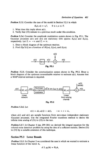 Derivation ofEquations 461
Problem 5.2.3. Consider the case of the model in Section 5.2.1 in which
0 ::s; t, u ::s; T.
1. What does this imply about a(t).
2. Verify that (33) reduces to a previous result under this condition.
Problem 5.2.4. Consider the amplitude modulation system shown in Fig. PS.l. The
Gaussian processes a(t) and n{t) are stationary with spectra Sa{w) and Sn{w),
respectively. LetT, = -co and T1 = co.
1. Draw a block diagram· of the optimum receiver.
2. Find E[a.2{t)] as a function of HUw), S4 {w), and Sn{w).
o{t) o ,.,) T *!
) ~t-·_,)--{0t---~)--
Fig. P5.1
Problem 5.2.5. Consider the communication system shown in Fig. P5.2. Draw a
block diagram of the optimum nonrealizable receiver to estimate a(t). Assume that
a MAP interval estimate is required.
Linear
network
Problem 5.2.6. Let
Fig. P5.2
r(t) = s(t, a(t)) + n(t),
Linear
time-varying
channel
-co < t <co,
where a(t) and n(t) are sample functions from zero-mean independent stationary
Gaussian processes. Use the integrated Fourier transform method to derive the
infinite time analog of (31) to (33) in the text.
Problem 5.2.7. In Chapter 4 (pp. 299-301) we derived the integral equation for the
colored noise detection problem by using the idea of a sufficient statistic. Derive (31)
to (33) by a suitable extension of this technique.
Section P5.3 Lower Bounds
Problem 5.3.1. In Chapter 2 we considered the case in which we wanted to estimate a
linear function of the vector A,
 