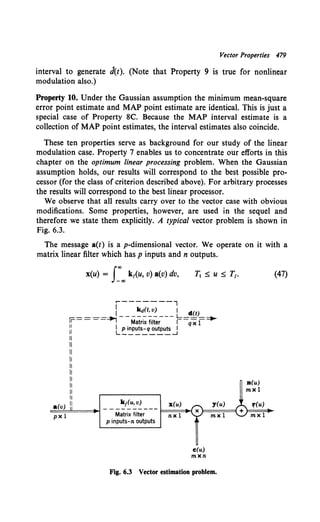 Vector Properties 479
interval to generate d(t). (Note that Property 9 is true for nonlinear
modulation also.)
Property 10. Under the Gaussian assumption the minimum mean-square
error point estimate and MAP point estimate are identical. This is just a
special case of Property 8C. Because the MAP interval estimate is a
collection of MAP point estimates, the interval estimates also coincide.
These ten properties serve as background for our study of the linear
modulation case. Property 7 enables us to concentrate our efforts in this
chapter on the optimum linear processing problem. When the Gaussian
assumption holds, our results will correspond to the best possible pro-
cessor (for the class of criterion described above). For arbitrary processes
the results will correspond to the best linear processor.
We observe that all results carry over to the vector case with obvious
modifications. Some properties, however, are used in the sequel and
therefore we state them explicitly. A typical vector problem is shown in
Fig. 6.3.
The message a(t) is a p-dimensional vector. We operate on it with a
matrix linear filter which has p inputs and n outputs.
x(u) = J~, k1(u, v) a(v) dv,
.--------l
J k.i(t, v) I d(tJ
rr== = ==_,.,--Matr~fi~~;--- i==qxl~
:: L~i~~s.:_q~utp~J
II
II
II
II
II
II
II
II
II
II
n(u)
mx 1
y(u)
.:•=(=v)'==!!ii==~-- -~~~u~v2 ___ 1==x=(=u=)~
P x 1 Matrix filter n x 1 ..~ m x 1
"' ~(u)
)===:===( + m x 1
p inputs-n outputs
e(u)
mxn
Fig. 6.3 Vector estimation problem.
(47)
 
