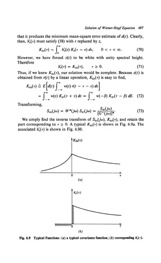 Solution of Wiener-Hop/ Equation 487
that it produces the minimum mean-square error estimate of d(t). Clearly,
then, h~(T) must satisfy (58) with r replaced by z,
Kdz(T) = {'" h~(v) Kz(T - v) dv, 0 < T < 00. (70)
However, we have forced z(t) to be white with unity spectral height.
Therefore
T 2!: 0. (71)
Thus, if we knew Ka2 ( T), our solution would be complete. Because z(t) is
obtained from r(t) by a linear operation, Ka2(r) is easy to find,
KazCT) ~ E[d(t) J~"' w(v) r(t- T- v) dv]
= f~"' w(v) KarCT + v) dv = f~"' w(- fJ) Kar(T - fJ) dfJ. (72)
Transforming,
S ( . ) W*(. ) S u· ) Sdr(jw)
dz }W = }W ar w = [G+(jw)]*' (73)
We simply find the inverse transform of Sa2Uw), Ka2 (r), and retain the
part corresponding to T 2!: 0. A typical Ka.(T) is shown in Fig. 6.9a. The
associated h~(r) is shown in Fig. 6.9b.
T
(a)
h~(T)
0 T
(b)
Fig. 6.9 Typical Functions: (a) a typical covariance function; (b) corresponding h~(T).
 