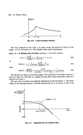 490 6.2 Wiener Filters
Fig. 6.10 Cross-covariance function.
Now h~(T) depends on the value a. In other words, the amount of K••(T) in the
range T ;;::: 0 is a function of a. We consider three types of operations:
Case 1. 11 = 0: filtering with zero delay. Letting a = 0 in (91), we have
or
Then
h.< ) 2v'"P 1 k• <>
• T = VNo/21 + VI +A e- U-1 T •
H'( 'w) = 1 2VP _1_.
•' l+Vl+AVN0 /2jw+k
(92)
(93)
Ho( 'w) = H;(jw) = 2v''P 1 . (94)
1 G+(jw) (No/2)(1 + ,;1 + A)jw + kVl +A
We see that our result is intuitively logical. The amplitude of the filter response is
shown in Fig. 6.11. The filter is a simple low-pass filter whose bandwidth varies as a
function of k and A.
We now want to attach some physical significance to the parameter A. The band-
width of the message process is directly proportional to k, as shown in Fig. 6.12a
log IIH.(jwJil
IHo(O)I
'iii'
1-lor-----------~r---~~~----------------~
~ ~w
-20
Fig. 6.11 Magnitude plot for optimum filter.
 