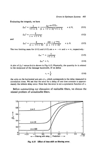 Errors in Optimum Systems 495
Evaluating the integrals, we have
aS 0, (111)
~Pno = 2 '
1 + v'1 +A
(112)
and
a~ 0. (113)
The two limiting cases for (Ill) and (113) are a= -cx:> and a= cx:>, respectively.·
~ _., 1
!OPn = V1 +A. (115)
(114)
A plot of ~Pna versus (ka) is shown in Fig. 6.15. Physically, the quantity ka is related
to the reciprocal of the message bandwidth. If we define
Tc = /(;' (116)
the units on the horizontal axis are a/T c• which corresponds to the delay measured in
correlation times. We see that the error for a delay of one time constant is approxi-
mately the infinite delay error. Note that the error is not a symmetric function of a.
Before summarizing our discussion of realizable filters, we discuss the
related problem of unrealizable filters.
~2~--~~---~.----0~.5~---o~--~~--~----~---.T(ka)
...,...._Filtering with delay 1 Prediction ~ -
Fig. 6.15 Elfect of time-shift on filtering error.
 