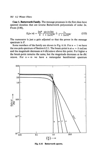 502 6.2 Wiener Filters
Case 1. Butterworth Family. The message processes in the first class have
spectral densities that are inverse Butterworth polynomials of order 2n.
From (3.98),
. _ 2nP sin (7r/2n) 1:::, en •
Sa(w.n) - k l + (w/k)2n- 1 + (w/k)2n (153)
The numerator is just a gain adjusted so that the power in the message
spectrum is P.
Some members of the family are shown in Fig. 6.16. For n = I we have
the one-pole spectrum ofSection 6.2.1. The break-point is at w = k rad/sec
and the magnitude decreases at 6 db/octave above this point. For higher n
the break-point remains the same, but the magnitude decreases at 6n db/
octave. For n = oo we have a rectangular bandlimited spectrum
lO.Or---------,.-------,-------.-------,
2001----------
loO
i
?I Oo01
00 oil!
~~
rJ1
1o-~0Lol
_________o~ol~--------~L7o-~-L--~;~---~--_j
(T)-
Fig. 6.16 Butterworth spectra.
 