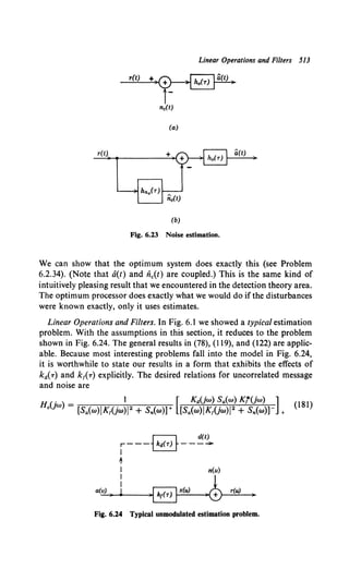 Linear Operations and Filters 513
r(t) +
(a)
r(t)
(b)
Fig. 6.23 Noise estimation.
We can show that the optimum system does exactly this (see Problem
6.2.34). (Note that o(t) and nc(t) are coupled.) This is the same kind of
intuitively pleasing result that we encountered in the detection theory area.
The optimum processor does exactly what we would do if the disturbances
were known exactly, only it uses estimates.
Linear Operations and Filters. In Fig. 6.1 we showed a typical estimation
problem. With the assumptions in this section, it reduces to the problem
shown in Fig. 6.24. The general results in (78), (119), and (122) are applic-
able. Because most interesting problems fall into the model in Fig. 6.24,
it is worthwhile to state our results in a form that exhibits the effects of
ka(T) and k1( T) explicitly. The desired relations for uncorrelated message
and noise are
r---~--~~
I
t
I n(u)
a(~~~)~l~--~)~~x~~~~--~)~~r~~~~--~
Fig. 6.24 Typical unmodulated estimation problem.
(181)
 