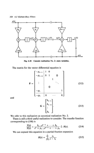 524 6.3 Ka/man-Bucy Filters
Fig. 6.30 Canonic realization No. 2: state variables.
The matrix for the vector differential equation is
-Pn-1 0
-Pn-2 0 0
F= (212)
0
1
--------.------------------
and
-po !0 0
[
bn-1]
bn-2
G= . .
bo
(213)
We refer to this realization as canonical realization No. 2.
There is still a third useful realization to consider. The transfer function
corresponding to (198) is
Y(s)
X(s)
bn-1Sn-l + ···+ bo t:., H()
n n1 - S.
s +Pn-1s- +···+Po
We can expand this equation in a partial fraction expansion
n
""" O:j
H(s) = L.., - - ·
1= 1 S-At
(214)
(215)
 