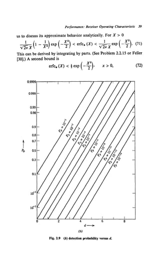 Performance: Receiver Operating Characteristic 39
us to discuss its approximate behavior analytically. For X > 0
1 ( 1 ) ( X2
) 1 ( x2)
V2rr X 1 - X2 exp -2 < erfc* (X) < V2rr Xexp -2 . (71)
This can be derived by integrating by parts. (See Problem 2.2.15 or Feller
(30].) A second bound is
erfc* (X) < -! exp (- ;
2
)• x > 0, (72)
d -
(b)
Fig. 2.9 (b) detection probability versus d.
 