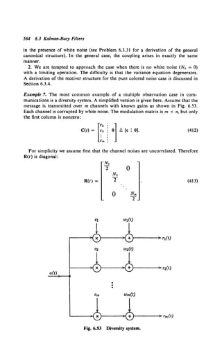 564 6.3 Kalman-Bucy Filters
in the presence of white noise (see Problem 6.3.31 for a derivation of the general
canonical structure). In the general case, the coupling arises in exactly the same
manner.
2. We are tempted to approach the case when there is no white noise (No = 0)
with a limiting operation. The difficulty is that the variance equation degenerates.
A derivation of the receiver structure for the pure colored noise case is discussed in
Section 6.3.4.
Example 7. The most common example of a multiple observation case in com-
munications is a diversity system. A simplified version is given here. Assume that the
message is transmitted over m channels with known gains as shown in Fig. 6.53.
Each channel is corrupted by white noise. The modulation matrix is m x n, but only
the first column is nonzero:
[
c2 ; l
C(t) = ~2 : 0 ~ [c : 0].
Cm ,
(412)
For simplicity we assume first that the channel noises are uncorrelated. Therefore
R(t) is diagonal:
N1
2 0
N2
R(t) = T (413)
0 Nm
T
Cl Wl(t)
r1(t)
C2 W2(t)
r2(t)
a(t)
Cm Wm(t)
r----- rm(t)
Fig. 6.53 Diversity system.
 