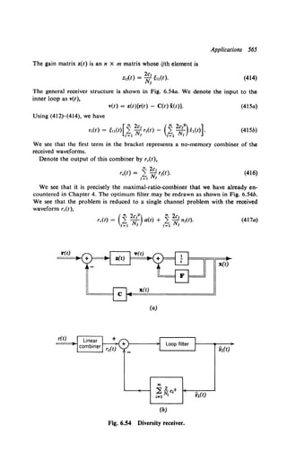 The gain matrix z(t) is an n x m matrix whose ijth element is
2ct t )
Ztf(t) = Nt sn(t .
Applications 565
(414)
The general receiver structure is shown in Fig. 6.54a. We denote the input to the
inner loop as v(t),
v(t) = z(t)[r(t) - C(t) x(t)]. (415a)
Using (412)-(414), we have
[
m 2c
v,(t) = 'n(t) 2 Nf rlt) -
!=1 j
( m 2c 2) ]
2 ,J x1 (t) 0
!= 1 j
(415b)
We see that the first term in the bracket represents a no-memory combiner of the
received waveforms.
Denote the output of this combiner by rc(t),
m 2Ct
rc(t) = L N rt{t).
1=1 f
(416)
We see that it is precisely the maximal-ratio-combiner that we have already en-
countered in Chapter 4. The optimum filter may be redrawn as shown in Fig. 6.54b.
We see that the problem is reduced to a single channel problem with the received
waveform rc(t),
r(t)
r(t)
(
m 2c 2 ) m 2c
rc(t) = 2 tJ- a(t) + 2 Nf n1(t).
1=1 f !=1 f
c
x(t)
(a)
m
~ 1-c.2
...:;, N· '
i=l 1
(b)
Fig. 6.54 Diversity receiver.
(417a)
x(t)
 