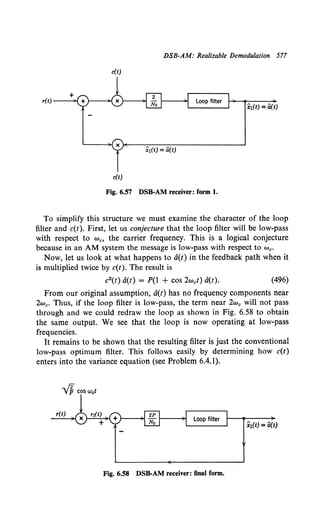 DSB-AM: Realizable Demodulation 577
c(t)
+
r(t)----'~
c(t)
Fig. 6.57 DSB-AM receiver: form 1.
To simplify this structure we must examine the character of the loop
filter and c(t). First, let us conjecture that the loop filter will be low-pass
with respect to we, the carrier frequency. This is a logical conjecture
because in an AM system the message is low-pass with respect to we.
Now, let us look at what happens to a(t) in the feedback path when it
is multiplied twice by c(t). The result is
c2(t) a(t) = P(l + cos 2wet) a(t). (496)
From our original assumption, a(t) has no frequency components near
2we. Thus, if the loop filter is low-pass, the term near 2w0 will not pass
through and we could redraw the loop as shown in Fig. 6.58 to obtain
the same output. We see that the loop is now operating at low-pass
frequencies.
It remains to be shown that the resulting filter is just the conventional
low-pass optimum filter. This follows easily by determining how c(t)
enters into the variance equation (see Problem 6.4.1).
Fig. 6.58 DSB-AM receiver: final form.
 