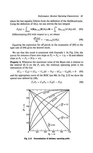 Performance: Receiver Operating Characteristic 45
where the last equality follows from the definition of the likelihood ratio.
Using the definition of 0(7]), we can rewrite the last integral
Pv(TJ) = f A(R)Prlno(RIHo) dR = i"" XpAino(XiHo) dX. (93)
Jnc~> ~
Differentiating (93) with respect to 7J, we obtain
(94)
Equating the expression for dPv(n)fd7J in the numerator of (89) to the
right side of (94) gives the desired result.
We see that this result is consistent with Example I. In Fig. 2.9a, the
curves for nonzero d have zero slope at PF = Pv = 1 (71 = 0) and infinite
slope at PF = Pv = 0 (71 = oo).
Property 4. Whenever the maximum value of the Bayes risk is interior to
the interval (0, I) on the P1 axis, the minimax operating point is the
intersection of the line
(C11 - Coo) + (Col - C11)(l - Pv) - (C1o - Coo)PF = 0 (95)
and the appropriate curve of the ROC (see 46). In Fig. 2.12 we show the
special case defined by (50),
(96)
Fig. 2.12 Determination of minimax operating point.
 