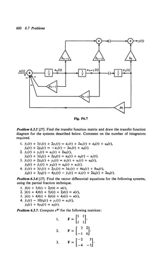 600 6.7 Problems
y(t)
Fig. P6.7
Problem 6.3.5 [27]. Find the transfer function matrix and draw the transfer function
diagram for the systems described below. Comment on the number of integrators
required.
1. .h(t) + 3J(t) + 2y,{t) = u,(t) + 2u,(t) + u.(t) + u.(t),
y.(t) + 2y.(t) = -u,(t) - 2u,(t) + u2 (t).
2. y1(t) + y1 (t) = u1 (t) + 2u2 (t),
.Y.(t) + 3.Ji2(t) + 2y,(t) = u.(t) + u.(t) - u,(t).
3. ji,(t) + 2y.(t) + y,(t) = u,(t) + u,(t) + u.(t),
Y,(t) + y,(t) + y.(t) = u.(t) + u,(t).
4. ji,(t) + 3;(t) + 2y,(t) = 3u,(t) + 4u.(t) + su.(t),
.Y2(t) + 3y2(t) - 4y,(t) - y,(t) = u,(t) + 2u2(t) + 2u2(t).
Problem 6.3.6 [27]. Find the vector differential equations for the following systems,
using the partial fraction technique.
1. ji(t) + 3y(t) + 2y(t) = u(t),
2. 'ji(t) + 4ji(t) + Sy(t) + 2y(t) = u(t),
3. 'ji(t) + 4ji(t) + 6y(t) + 4y(t) = u(t),
4. ji1(1) - 10y2(t) + y1(t) = u1(t),
y2 (t) + 6y2(t) = u2 (t).
Problem 6.3.7. Compute eFt for the following matrices:
1. F=
[~ l
2. F= [_~ !l
[-2 -~]·
3. F=
-4
 