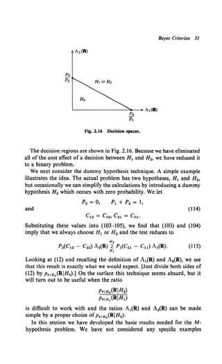 Po
p2
'----------~-+A1(R)
Po
pl
Fig. 2.16 Decision spaces.
Bayes Criterion 51
The decision regions are shown in Fig. 2.16. Because we have eliminated
all of the cost effect of a decision between H1 and H2, we have reduced it
to a binary problem.
We next consider the dummy hypothesis technique. A simple example
illustrates the idea. The actual problem has two hypotheses, H1 and H2,
but occasionally we can simplify the calculations by introducing a dummy
hypothesis H0 which occurs with zero probability. We let
P0 = 0,
and (114)
Substituting these values into (103-105), we find that (103) and (104)
imply that we always choose H1 or H2 and the test reduces to
Looking at (12) and recalling the definition of A1(R) and A2(R), we see
that this result is exactly what we would expect. [Just divide both sides of
(12) by Prrn0 (RIH0).] On the surface this technique seems absurd, but it
will turn out to be useful when the ratio
Prrn2 (RIH2)
Prrn,(R!Hl)
is difficult to work with and the ratios A1(R) and A2(R) can be made
simple by a proper choice ofPrrn0 (RIHo)·
In this section we have developed the basic results needed for the M-
hypothesis problem. We have not considered any specific examples
 