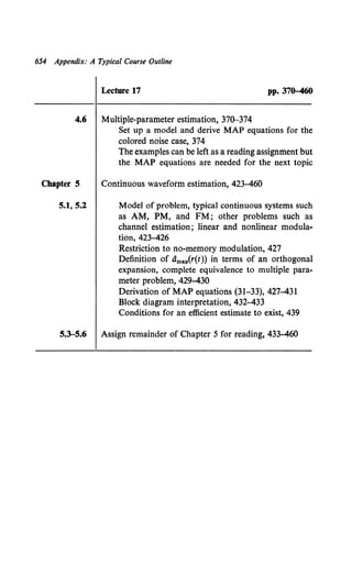 654 Appendix: A Typical Course Outline
Lecture 17 pp. 370-460
4.6 Multiple-parameter estimation, 370-374
Set up a model and derive MAP equations for the
colored noise case, 374
The examples can be left as a reading assignment but
the MAP equations are needed for the next topic
Chapter 5 Continuous waveform estimation, 423-460
5.1, 5.2 Model of problem, typical continuous systems such
as AM, PM, and FM; other problems such as
channel estimation; linear and nonlinear modula-
tion, 423-426
Restriction to no-memory modulation, 427
Definition of dmap(r(t)) in terms of an orthogonal
expansion, complete equivalence to multiple para-
meter problem, 429-430
Derivation of MAP equations (31-33), 427-431
Block diagram interpretation, 432-433
Conditions for an efficient estimate to exist, 439
5.3-5.6 Assign remainder of Chapter 5 for reading, 433-460
 