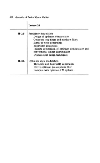 662 Appendix: A Typical Course Outline
Lecture 24
IT-2.5 Frequency modulation
Design of optimum demodulator
Optimum loop filters and postloop filters
Signal-to-noise constraints
Bandwidth constraints
Indicate comparison of optimum demodulator and
conventional limiter-discriminator
Discuss other design techniques
IT-2.6 Optimum angle modulation
Threshold and bandwidth constraints
Derive optimum pre-emphasis filter
Compare with optimum FM systems
 