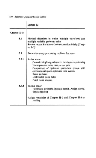 670 Appendix: A Typical Course Outline
Lecture 32
Chapter ll-5
5.1 Physical situations in which multiple waveform and
multiple variable problems arise
Review vector Karhunen-Loeve expansion briefly (Chap-
ter 1-3)
5.3 Formulate array processing problem for sonar
5.3.1 Active sonar
Consider single-signal source, develop array steering
Homogeneous noise case, array gain
Comparison of optimum space-time system with
conventional space-optimum time system
Beam patterns
Distributed noise fields
Point noise sources
5.3.2 Passive sonar
Formulate problem, indicate result. Assign deriva-
tion as reading
Assign remainder of Chapter 11-5 and Chapter 11-6 as
reading
 