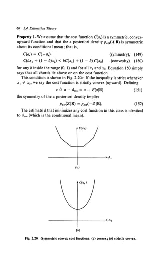 60 2.4 Estimation Theory
Property 1. We assume that the cost function C(a,) is a symmetric, convex-
upward function and that the a posteriori density Pa 1.(AIR) is symmetric
about its conditional mean; that is,
C(a,) = C(-a,) (symmetry), (149)
C(bx1 + (I - b)x2) s bC(x1) + (1 - b) C(x2) (convexity) (150)
for any b inside the range (0, 1) and for all x1 and x2• Equation 150 simply
says that all chords lie above or on the cost function.
This condition is shown in Fig. 2.20a. Ifthe inequality is strict whenever
x1 ¥- x2 , we say the cost function is strictly convex (upward). Defining
z ~ a - elms = a - E[aiR]
the symmetry of the a posteriori density implies
Pzir(ZIR) = Pz1•( -ZIR).
(151)
(152)
The estimate athat minimizes any cost function in this class is identical
to Oms (which is the conditional mean).
(a)
(b)
Fig. 2.20 Symmetric convex cost functions: (a) convex; (b) strictly convex.
 