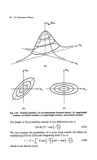 78 2.4 Estimation Theory
(b) (c)
Fig. 2.24 Gaussian densities: [a] two-dimensional Gaussian density; [b) equal-height
contours, correlated variables; [c] equal-height contours, uncorrelated variables.
The height of the probability density in this differential area is
(27TIA.IY.)- 1 exp (- ~2
)· (253)
We can compute the probability of a point lying outside the ellipse by
multiplying (252) by (253) and integrating from C to oo.
I - P = f' X exp (- ~2
) dX = exp ( - ;
2
), (254)
which is the desired result.
 