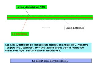 Isolant diélectrique CTN
Fil électrique
Gaine métallique
Les CTN (Coefficient de Température Négatif, en anglais NTC, Negative
Temperature Coefficient) sont des thermistances dont la résistance
diminue de façon uniforme avec la température.
La détection à élément continu
 