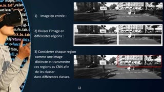 1) Image en entrée :
2) Diviser l’image en
différentes régions :
3) Considerer chaque region
comme une image
distincte et transmettre
ces regions au CNN afin
de les classer
dans différentes classes.
13
 