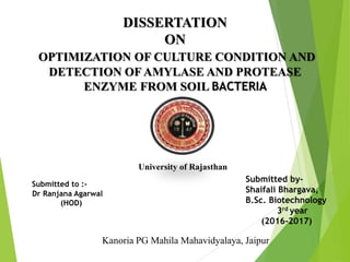 DISSERTATION
ON
OPTIMIZATION OF CULTURE CONDITION AND
DETECTION OF AMYLASE AND PROTEASE
ENZYME FROM SOIL BACTERIA
Submitted by-
Shaifali Bhargava,
B.Sc. Biotechnology
3rd year
(2016-2017)
Submitted to :-
Dr Ranjana Agarwal
(HOD)
Kanoria PG Mahila Mahavidyalaya, Jaipur
University of Rajasthan
 