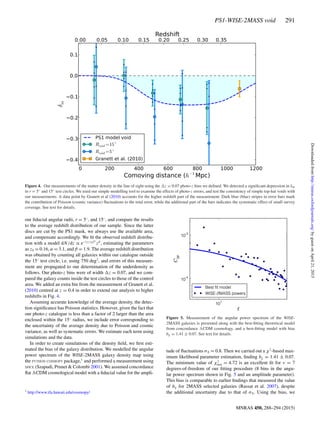 PS1-WISE-2MASS void 291
Figure 4. Our measurements of the matter density in the line of sight using the z = 0.07 photo-z bins we deﬁned. We detected a signiﬁcant depression in δm
in r = 5◦ and 15◦ test circles. We used our simple modelling tool to examine the effects of photo-z errors, and test the consistency of simple top-hat voids with
our measurements. A data point by Granett et al (2010) accounts for the higher redshift part of the measurement. Dark blue (blue) stripes in error bars mark
the contribution of Poisson (cosmic variance) ﬂuctuations to the total error, while the additional part of the bars indicates the systematic effect of small survey
coverage. See text for details.
our ﬁducial angular radii, r = 5◦
, and 15◦
, and compare the results
to the average redshift distribution of our sample. Since the latter
discs are cut by the PS1 mask, we always use the available area,
and compensate accordingly. We ﬁt the observed redshift distribu-
tion with a model dN/dz ∝ e−(z/z0)α
zβ
, estimating the parameters
as z0 = 0.16, α = 3.1, and β = 1.9. The average redshift distribution
was obtained by counting all galaxies within our catalogue outside
the 15◦
test circle, i.e. using 750 deg2
, and errors of this measure-
ment are propagated to our determination of the underdensity as
follows. Our photo-z bins were of width z = 0.07, and we com-
pared the galaxy counts inside the test circles to those of the control
area. We added an extra bin from the measurement of Granett et al.
(2010) centred at z = 0.4 in order to extend our analysis to higher
redshifts in Fig. 4.
Assuming accurate knowledge of the average density, the detec-
tion signiﬁcance has Poisson statistics. However, given the fact that
our photo-z catalogue is less than a factor of 2 larger than the area
enclosed within the 15◦
radius, we include error corresponding to
the uncertainty of the average density due to Poisson and cosmic
variance, as well as systematic errors. We estimate each term using
simulations and the data.
In order to create simulations of the density ﬁeld, we ﬁrst esti-
mated the bias of the galaxy distribution. We modelled the angular
power spectrum of the WISE-2MASS galaxy density map using
the PYTHON COSMOPY package,1
and performed a measurement using
SPICE (Szapudi, Prunet & Colombi 2001). We assumed concordance
ﬂat CDM cosmological model with a ﬁducial value for the ampli-
1 http://www.ifa.hawaii.edu/cosmopy/
Figure 5. Measurement of the angular power spectrum of the WISE-
2MASS galaxies is presented along with the best-ﬁtting theoretical model
from concordance CDM cosmology, and a best-ﬁtting model with bias
bg = 1.41 ± 0.07. See text for details.
tude of ﬂuctuations σ8 = 0.8. Then we carried out a χ2
-based max-
imum likelihood parameter estimation, ﬁnding bg = 1.41 ± 0.07.
The minimum value of χ2
min = 4.72 is an excellent ﬁt for ν = 7
degrees-of-freedom of our ﬁtting procedure (8 bins in the angu-
lar power spectrum shown in Fig. 5 and an amplitude parameter).
This bias is comparable to earlier ﬁndings that measured the value
of bg for 2MASS selected galaxies (Rassat et al. 2007), despite
the additional uncertainty due to that of σ8. Using the bias, we
MNRAS 450, 288–294 (2015)
byguestonApril21,2015http://mnras.oxfordjournals.org/Downloadedfrom
 