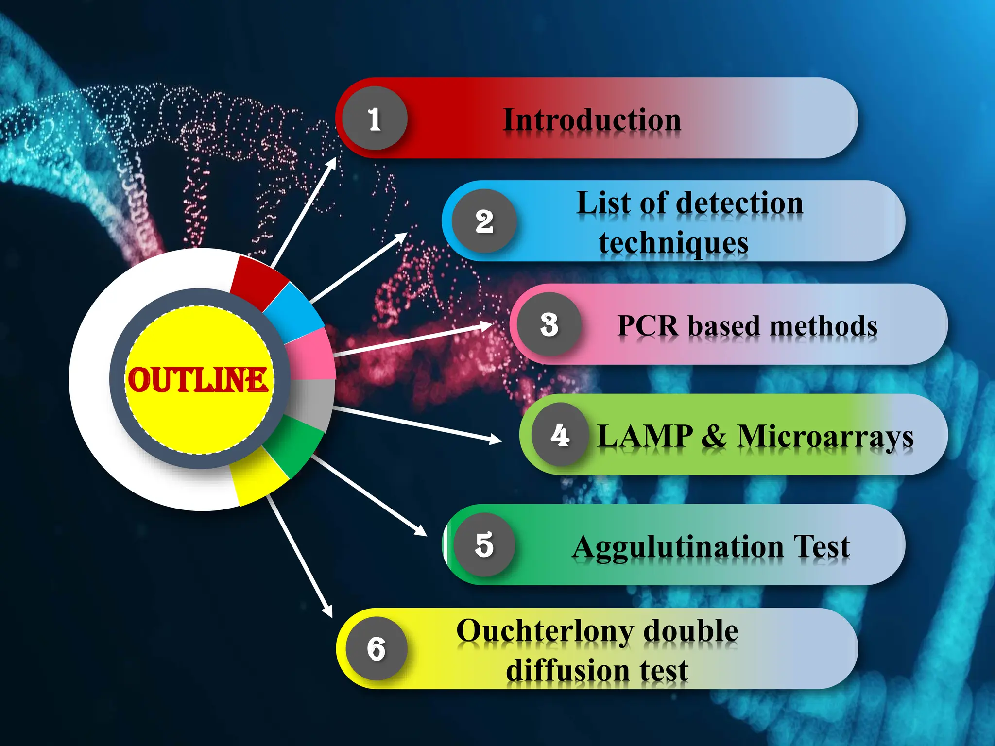 PCR based methods
3
List of detection
techniques
2
Introduction
1
LAMP & Microarrays
4
Aggulutination Test
5
Ouchterlony double
diffusion test
6
Outline
 
