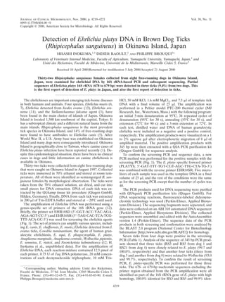 JOURNAL OF CLINICAL MICROBIOLOGY, Nov. 2000, p. 4219–4221                                                                   Vol. 38, No. 11
0095-1137/00/$04.00 0
Copyright © 2000, American Society for Microbiology. All Rights Reserved.



               Detection of Ehrlichia platys DNA in Brown Dog Ticks
                (Rhipicephalus sanguineus) in Okinawa Island, Japan
                          HISASHI INOKUMA,1,2 DIDIER RAOULT,2                     AND   PHILIPPE BROUQUI2*
         Laboratory of Veterinary Internal Medicine, Faculty of Agriculture, Yamaguchi University, Yamaguchi, Japan,1 and
               Unite des Rickettsies, Faculte de Medecine, Universite de la Mediterranee, Marseille Cedex 5, France2
                   ´                        ´     ´                 ´         ´       ´              ´
                          Received 10 April 2000/Returned for modiﬁcation 5 July 2000/Accepted 21 August 2000

            Thirty-two Rhipicephalus sanguineus females collected from eight free-roaming dogs in Okinawa Island,
         Japan, were examined for ehrlichial DNA by 16S rRNA-based PCR and subsequent sequencing. Partial
         sequences of Ehrlichia platys 16S rRNA (678 to 679 bp) were detected in three ticks (9.4%) from two dogs. This
         is the ﬁrst report of detection of E. platys in Japan, and also the ﬁrst report of detection in ticks.


   The ehrlichioses are important emerging tick-borne diseases              HCl, 50 mM KCl, 1.6 mM MgCl2, and 7.5 l of template tick
in both humans and animals. Four species, Ehrlichia muris (6,               DNA with a ﬁnal volume of 25 l. The ampliﬁcation was
7), Ehrlichia detected from Ixodes ovatus (13), Ehrlichia sen-              performed in a Peltier model PTC-200 thermal cycler (MJ
netsu (11), and the Stellantchasmus falcatus agent (3), have                Research, Inc., Watertown, Mass.) with the following program:
been found in the main cluster of islands of Japan. Okinawa                 an initial 5-min denaturation at 95°C; 34 repeated cycles of
Island is located 1,500 km southwest of the capital, Tokyo. It              denaturation (95°C for 30 s), annealing (55°C for 30 s), and
has a subtropical climate and a different natural fauna from the            extension (72°C for 90 s); and a 5-min extension at 72°C. In
main islands. Rhipicephalus sanguineus is the most prevalent                each test, distilled water and DNA of human granulocytic
tick species in Okinawa Island, and 14% of free-roaming dogs                ehrlichia were included as a negative and a positive control,
were found to have antibodies to Ehrlichia canis (5). After                 respectively. The ampliﬁcation products were visualized on a 1
World War II, a U.S. Army base was established on Okinawa                   to 2% agarose gel after electrophoretic migration of 8 l of
Island and many dogs were consequently introduced. Okinawa                  ampliﬁed material. The positive ampliﬁcation products with
Island is geographically close to Taiwan, where canine cases of             345 bp were then extracted with a QIA PCR puriﬁcation kit
Ehrlichia platys infection have been reported recently (1). De-             (Qiagen GmbH) for sequence analysis.
spite this epidemiological situation, there have been no clinical              To conﬁrm the screening PCR and sequence data, a new
cases in dogs and little information on canine ehrlichiosis is              PCR method was performed for the positive samples with the
available in Okinawa.                                                       screening PCR (Fig. 1). The E. platys speciﬁc forward primer
   Thirty-two ticks were collected from eight free-roaming dogs             (PLATYS; 5 -GAT-TTT-TGT-CGT-AGC-TTG-CTA-TG-3 )
that were caught on Okinawa Island in August 1997. Collected                was combined with the reverse primer EHR16SR. Five micro-
ticks were immersed in 70% ethanol and stored at room tem-                  liters of each sample was used as the template DNA in a ﬁnal
perature. All of them were identiﬁed as semiengorged R. san-                volume of 25 l, and the rest of the conditions were the same
guineus females by morphological observation. The ticks were                as for the screening PCR except that the number of cycles was
taken from the 70% ethanol solution, air dried, and cut into                40.
small pieces for DNA extraction. DNA of each tick was ex-                      The PCR products used for DNA sequencing were puriﬁed
tracted by the QIAamp tissue kit procedure (Qiagen GmbH,                    with QIAquick PCR puriﬁcation kits (Qiagen GmbH). For
Hilden, Germany). Finally, DNA from each tick was extracted                 DNA sequencing reactions, ﬂuorescence-labeled dideoxynu-
in 200 l of Tris-EDTA buffer and stored at 20°C until used.                 cleotide technology was used (Perkin-Elmer, Applied Biosys-
   The ampliﬁcation of Ehrlichia DNA was performed using a                  tems Division). The sequencing fragments were separated, and
genus-speciﬁc set of primers of the 16S rRNA gene (12).                     data were collected on an ABI 310 automated DNA sequencer
Brieﬂy, the primer set EHR16SD (5 -GGT-ACC-YAC-AGA-                         (Perkin-Elmer, Applied Biosystems Division). The collected
AGA-AGT-CC-3 ) and EHR16SR (5 -TAG-CAC-TCA-TCG-                             sequences were assembled and edited with the AutoAssembler
TTT-ACA-GC-3 ) was used for screening the ehrlichia agents                  version 1.4 (Perkin-Elmer). The sequence data of the PCR
(Fig. 1). The set of primers can amplify various species, includ-           products in both screening and conﬁrmation were analyzed by
ing E. canis, E. chaffeensis, E. muris, Ehrlichia detected from I.          the BLAST 2.0 program (National Center for Biotechnology
ovatus ticks, Cowdria ruminantium, the agent of human gran-                 Information [http://www.ncbi.nlm.gov/BLAST/]) for homology.
ulocytic ehrlichiosis, E. equi, E. phagocytophila, E. platys,                  Seven ticks from four dogs were positive in the screening
Anaplasma marginale, Anaplasma centrale, Wolbachia pipientis,               PCR (Table 1). Analysis of the sequence of 345 bp PCR prod-
E. sennetsu, E. risticii, and Neorickettsia helminthoeca (12; H.            ucts showed that three ticks (RS3 and RS5 from dog 1 and
Inokuma et al., unpublished data). For the ampliﬁcation of                  RS21 from dog 4) were closely related to E. platys (99.7 and
Ehrlichia DNA, each reaction mixture contained 12.5 pmol of                 100.0%, respectively) and that another four ticks (three from
each primer, 0.75 U of Taq DNA polymerase, 20 mM concen-                    dog 3 and another from dog 8) were related to Wolbachia (93.0
trations of each deoxynucleoside triphosphate, 10 mM Tris-                  and 99.7%, respectively). To conﬁrm the result of screening
                                                                            PCR, E. platys-speciﬁc PCR was performed for those three
  * Corresponding author. Mailing address: Unite des Rickettsies,
                                                ´                           ticks. The 678- or 679-bp nucleotide sequences excluding the
Faculte de Medecine, 27 bd. Jean Moulin, 13385 Marseille Cedex 5,
      ´      ´                                             ´                primer region obtained from the PCR ampliﬁcation were all
France. Phone: (33)-491-32-43-75. Fax: (33)-4-91-83-03-90. E-mail:          identiﬁed as part of the 16S rRNA gene of E. platys with high
Philippe.Brouqui@medecine.univ-mrs.fr.                                      homology, 100.0% identical for RS3 and RS5 and 99.9% iden-

                                                                     4219
 