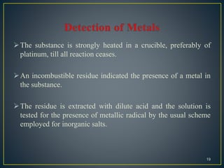 The substance is strongly heated in a crucible, preferably of
platinum, till all reaction ceases.
An incombustible residue indicated the presence of a metal in
the substance.
The residue is extracted with dilute acid and the solution is
tested for the presence of metallic radical by the usual scheme
employed for inorganic salts.
19
 