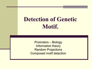Detection of Genetic
       Motif.

    Promoters – Biology
     Information theory
    Random Projections
  Composed motif detection
 