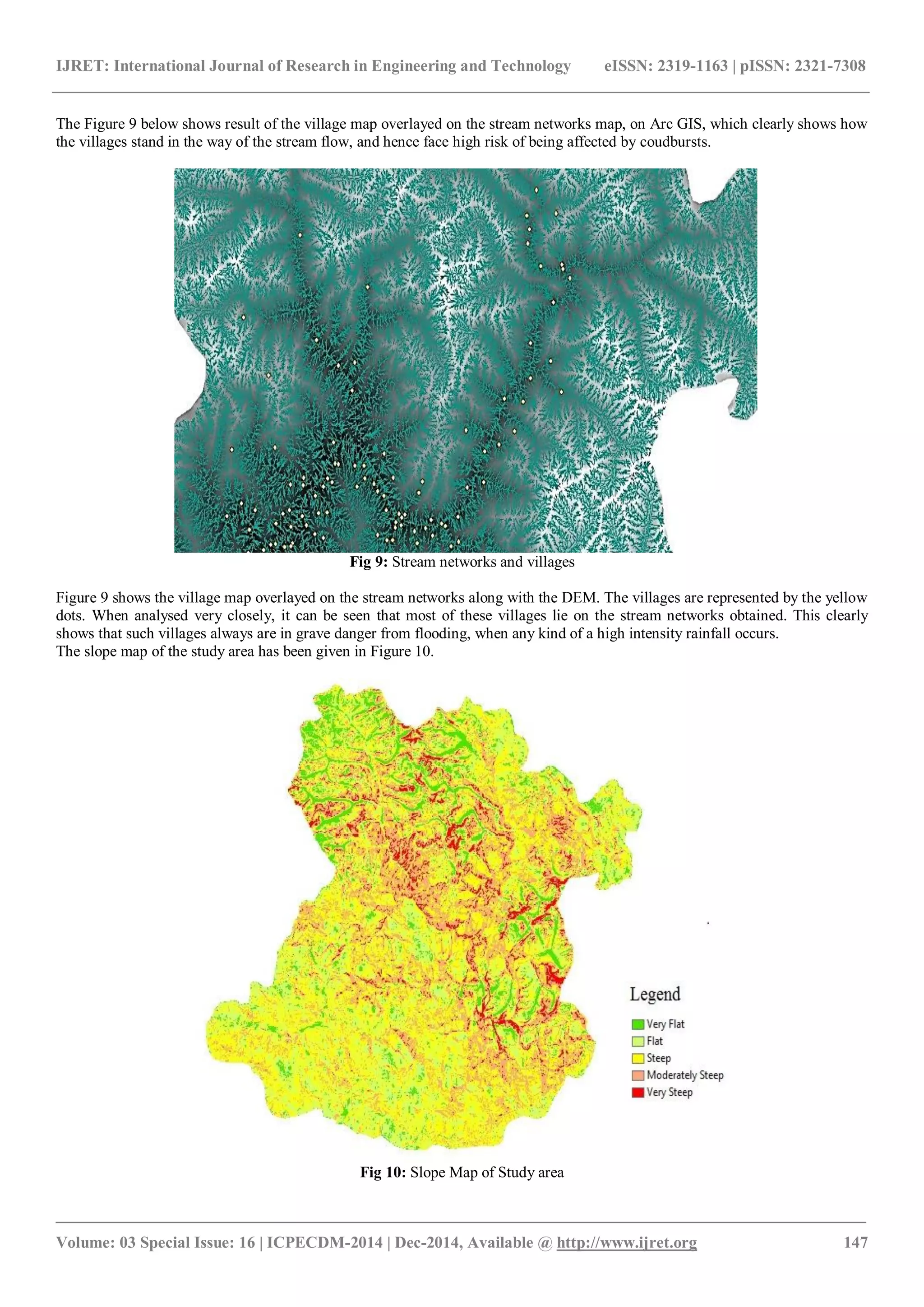 IJRET: International Journal of Research in Engineering and Technology eISSN: 2319-1163 | pISSN: 2321-7308
_______________________________________________________________________________________
Volume: 03 Special Issue: 16 | ICPECDM-2014 | Dec-2014, Available @ http://www.ijret.org 147
The Figure 9 below shows result of the village map overlayed on the stream networks map, on Arc GIS, which clearly shows how
the villages stand in the way of the stream flow, and hence face high risk of being affected by coudbursts.
Fig 9: Stream networks and villages
Figure 9 shows the village map overlayed on the stream networks along with the DEM. The villages are represented by the yellow
dots. When analysed very closely, it can be seen that most of these villages lie on the stream networks obtained. This clearly
shows that such villages always are in grave danger from flooding, when any kind of a high intensity rainfall occurs.
The slope map of the study area has been given in Figure 10.
Fig 10: Slope Map of Study area
 