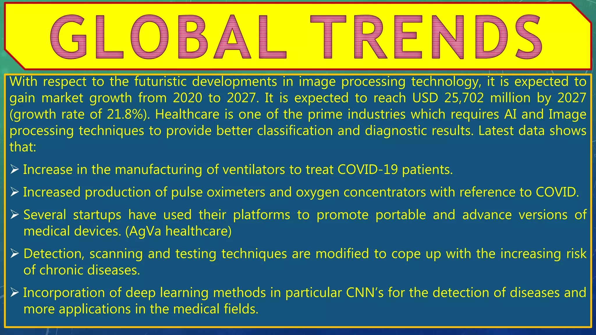 With respect to the futuristic developments in image processing technology, it is expected to
gain market growth from 2020 to 2027. It is expected to reach USD 25,702 million by 2027
(growth rate of 21.8%). Healthcare is one of the prime industries which requires AI and Image
processing techniques to provide better classification and diagnostic results. Latest data shows
that:
 Increase in the manufacturing of ventilators to treat COVID-19 patients.
 Increased production of pulse oximeters and oxygen concentrators with reference to COVID.
 Several startups have used their platforms to promote portable and advance versions of
medical devices. (AgVa healthcare)
 Detection, scanning and testing techniques are modified to cope up with the increasing risk
of chronic diseases.
 Incorporation of deep learning methods in particular CNN’s for the detection of diseases and
more applications in the medical fields.
 