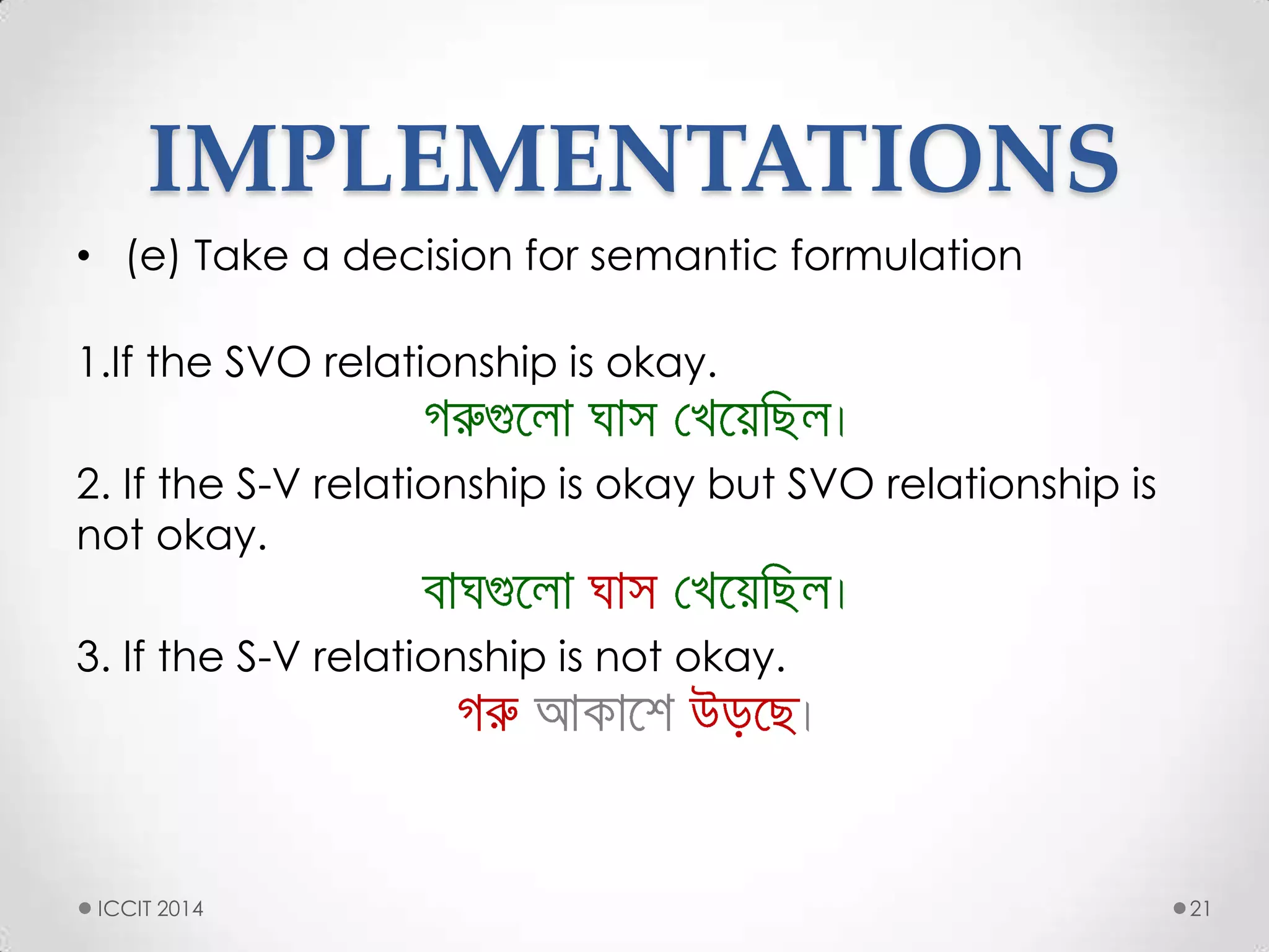 IMPLEMENTATIONS
• (e) Take a decision for semantic formulation
1.If the SVO relationship is okay.
2. If the S-V relationship is okay but SVO relationship is
not okay.
3. If the S-V relationship is not okay.
21ICCIT 2014
 