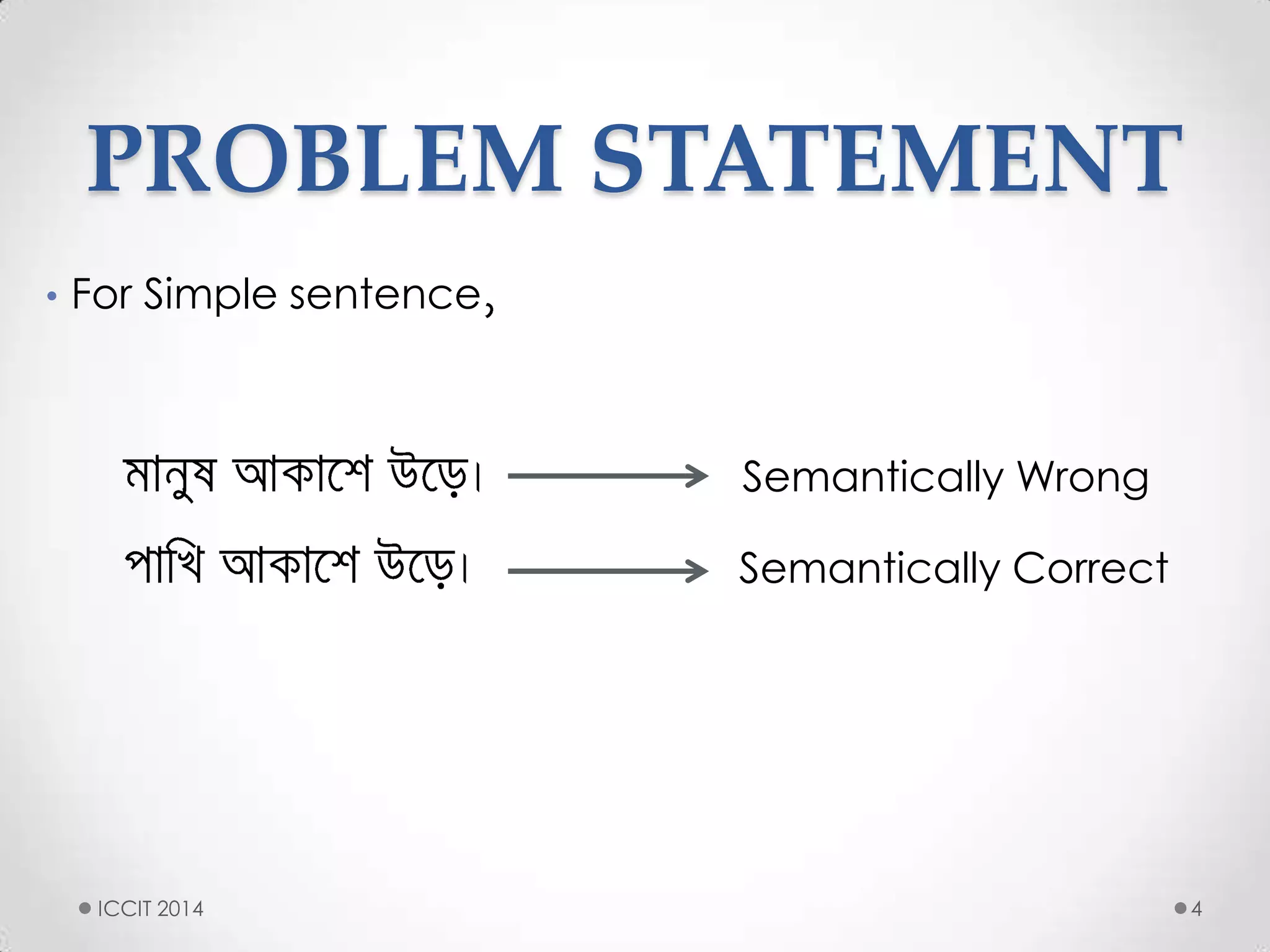PROBLEM STATEMENT
4
• For Simple sentence
Semantically Wrong
Semantically Correct
ICCIT 2014
 