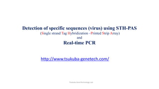 Detection of specific sequences (virus) using STH-PAS
(Single strand Tag Hybridization –Printed Strip Array)
and
Real-time PCR
Tsukuba GeneTechnology Lab
http://www.tsukuba-genetech.com/
 