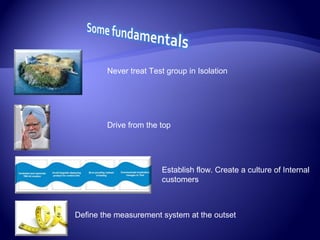 Never treat Test group in Isolation
Establish flow. Create a culture of Internal
customers
Drive from the top
Define the measurement system at the outset
 