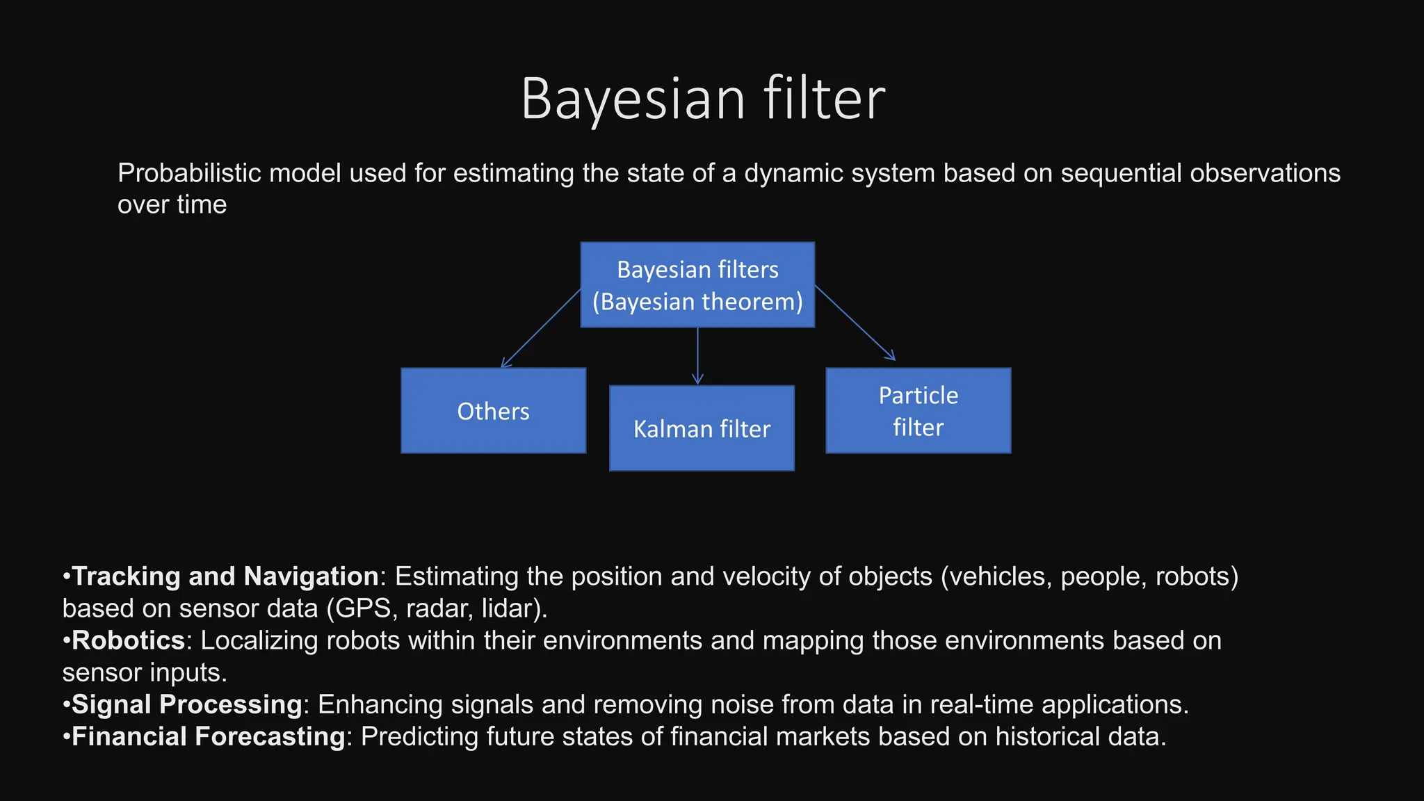 Bayesian filters
(Bayesian theorem)
Kalman filter
Others
Particle
filter
Bayesian filter
Probabilistic model used for estimating the state of a dynamic system based on sequential observations
over time
•Tracking and Navigation: Estimating the position and velocity of objects (vehicles, people, robots)
based on sensor data (GPS, radar, lidar).
•Robotics: Localizing robots within their environments and mapping those environments based on
sensor inputs.
•Signal Processing: Enhancing signals and removing noise from data in real-time applications.
•Financial Forecasting: Predicting future states of financial markets based on historical data.
 