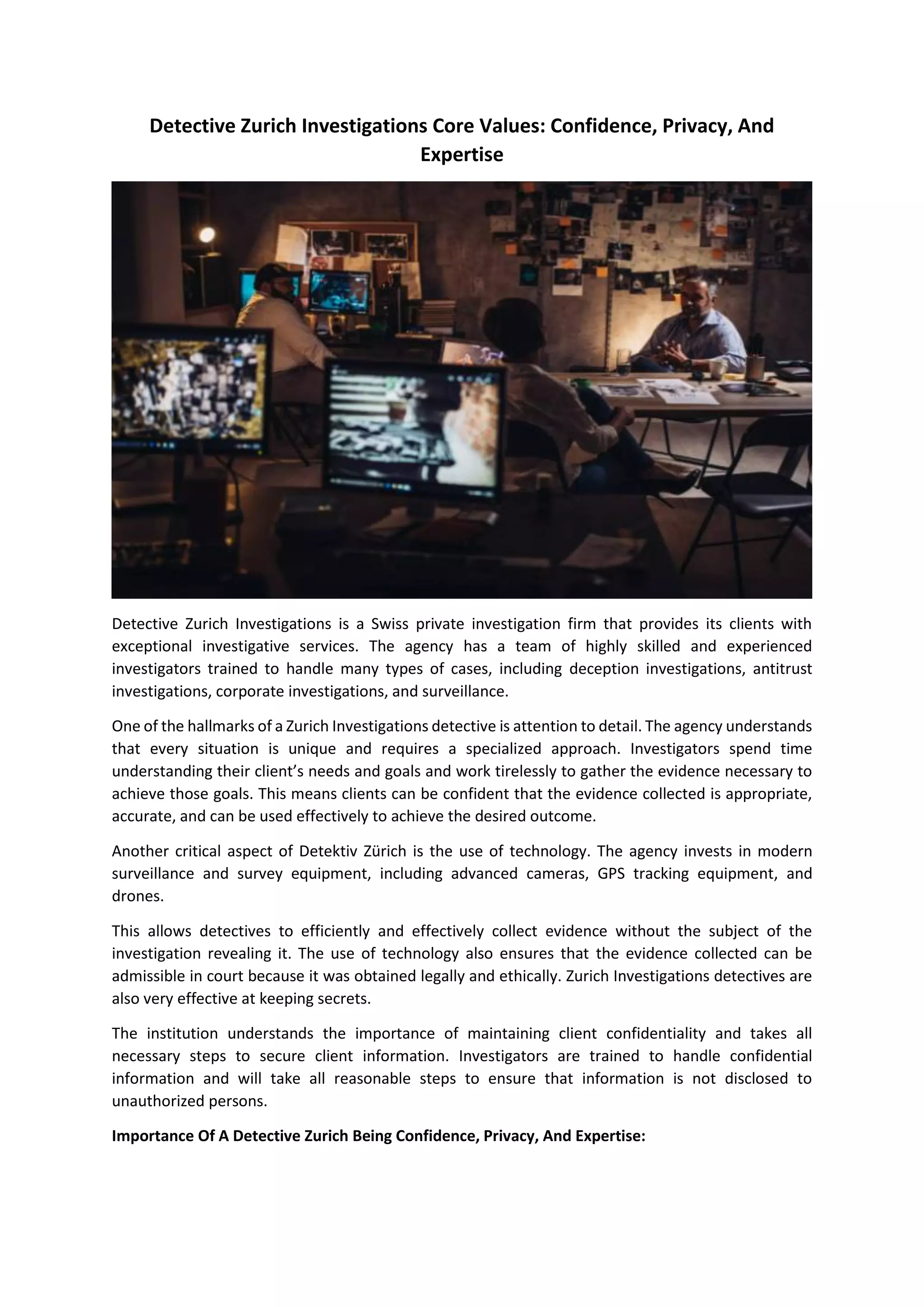 Detective Zurich Investigations Core Values Confidence, Privacy, And