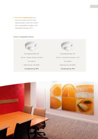 11

2. Voor meer energiebesparing kun je
kiezen voor dimbare sensoren. Deze
oplossing bestaat uit slechts één centrale
unit en is gemakkelijk te installeren. Het
detectiebereik bedraagt 140 m2.

Scenario: voorgestelde producten

Aanwezigheidsmelder 360°

Aanwezigheidsmelder 360°

230 Vac, 2 kanalen, dimbaar met DALI

230 Vac, 1 kanaal (10 A), dimbaar 1-10 V

voor opbouw

voor opbouw

Referentiecode: 350-20062

Referentiecode: 350-20063

Energiebesparing: 60%

Energiebesparing: 45%

11

 