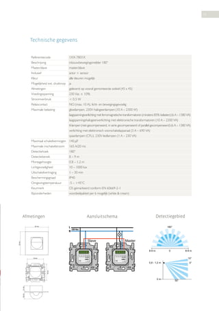 55

Technische gegevens
Referentiecode

1XX-7801X

Beschrijving

inbouwbewegingsmelder 180°

Master/slave

master/slave

Inclusief

actor + sensor

Kleur

alle kleuren mogelijk

Mogelijkheid ext. drukknop

ja

Afmetingen

geleverd op vooraf gemonteerde sokkel (45 x 45)

Voedingsspanning

230 Vac ± 10%

Stroomverbruik

 0,5 W

Relaiscontact

NO (max. 10 A), licht- en bewegingsgevoelig

Maximale belasting

gloeilampen, 230V-halogeenlampen (10 A – 2300 W)
laagspanningsverlichting met ferromagnetische transformatoren (minstens 85% belasten) (6 A – 1380 VA)
laagspanningshalogeenverlichting met elektronische transformatoren (10 A – 2300 VA)
tl-lampen (niet-gecompenseerd, in serie gecompenseerd of parallel gecompenseerd) (6 A – 1380 VA)
verlichting met elektronisch voorschakelapparaat (3 A – 690 VA)
spaarlampen (CFLi), 230V-ledlampen (1 A – 230 VA)

Maximaal schakelvermogen 140 μF
Maximale inschakelstroom

165 A/20 ms

Detectiehoek

180°

Detectiebereik

8–9m

Montagehoogte

0,8 – 1,2 m

Lichtgevoeligheid

10 – 1000 lux

Uitschakelvertraging

1 – 30 min

Beschermingsgraad

IP40

Omgevingstemperatuur

-5 – +45°C

Keurmerk

CE-gemarkeerd conform EN 60669-2-1

Bijzonderheden

voordeelpakket per 6 mogelijk (white  cream)

Afmetingen

1'

85 mm

180°

L
230 Vac
N

85 mm

N L E1

Detectiegebied

Aansluitschema

L
µ

Slave

1

02135 420-0020x
(09-7x2)

Master

230V~ 4A µ 50Hz

8-9 m

0

8-9 m
10°

59 mm

0,8 - 1,2 m
1'

L
µ

1

02135 420-0020x
(09-7x2)

230V~ 4A µ 50Hz

59 mm

N L E1

27 mm

0m

28 mm

0°

50°

 