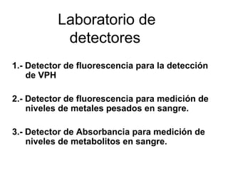 Laboratorio de
detectores
1.- Detector de fluorescencia para la detección
de VPH
2.- Detector de fluorescencia para medición de
niveles de metales pesados en sangre.
3.- Detector de Absorbancia para medición de
niveles de metabolitos en sangre.
 