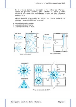 Detectores en los Sistemas de Seguridad.
Descripción e Instalación de los detectores. Página 34
En la vivienda destaca su aplicación como pantalla de infrarrojos
detrás de grandes ventanas, para detectar su rotura y como
vigilancia de habitaciones importantes y áreas de paso (escalera,
pasillos, etc.).
Existen distintas posibilidades en función del tipo de detector, su
montaje y su sensibilidad. Así tenemos:
 Área de detección amplia.
 Área de detección lejana.
 Área de detección de 360º.
 