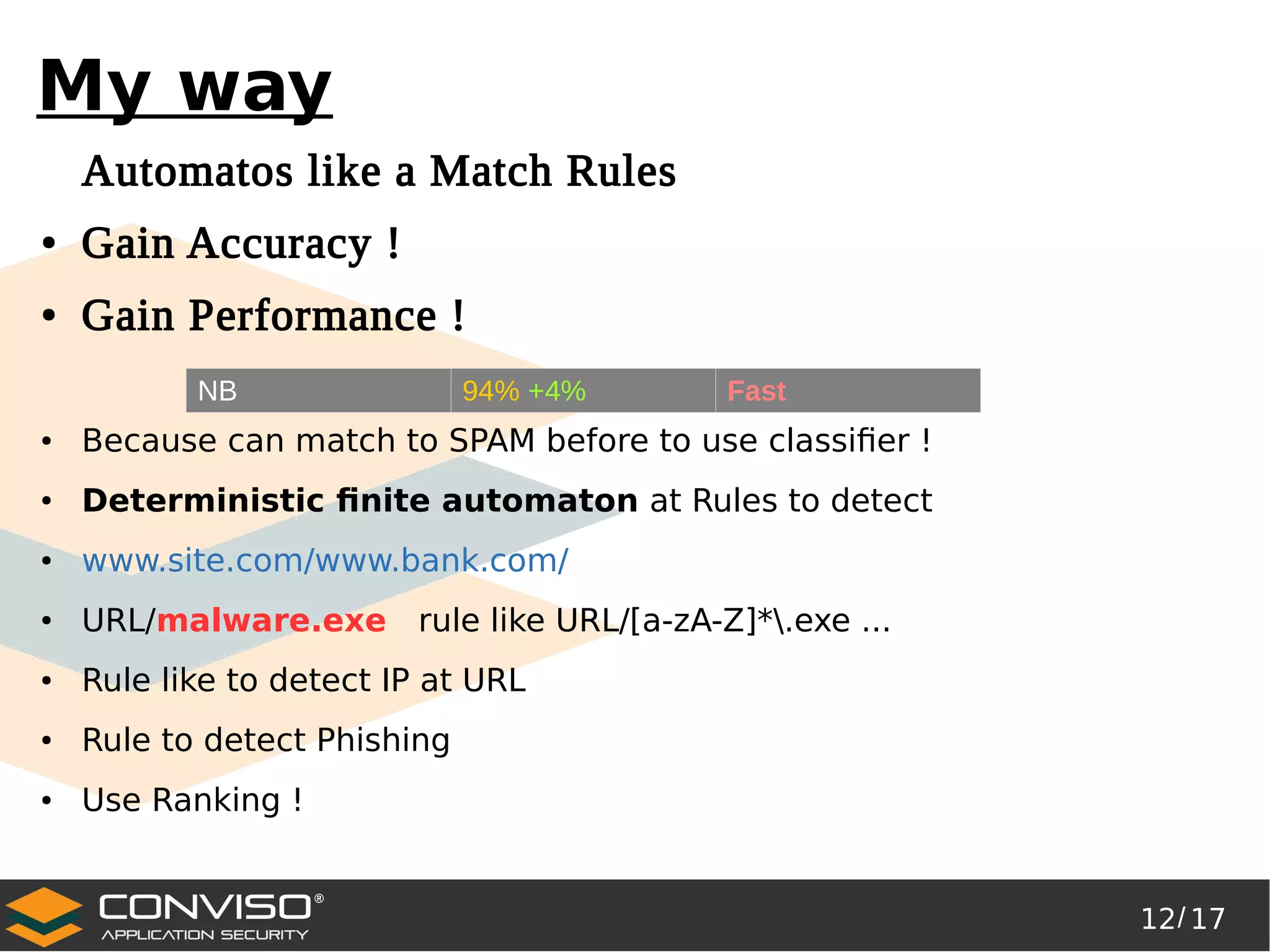 12/ 17
®
My way
Automatos like a Match Rules
● Gain Accuracy !
● Gain Performance !
● Because can match to SPAM before to use classifier !
● Deterministic finite automaton at Rules to detect
● www.site.com/www.bank.com/
● URL/malware.exe rule like URL/[a-zA-Z]*.exe ...
● Rule like to detect IP at URL
● Rule to detect Phishing
● Use Ranking !
NB 94% +4% Fast
 