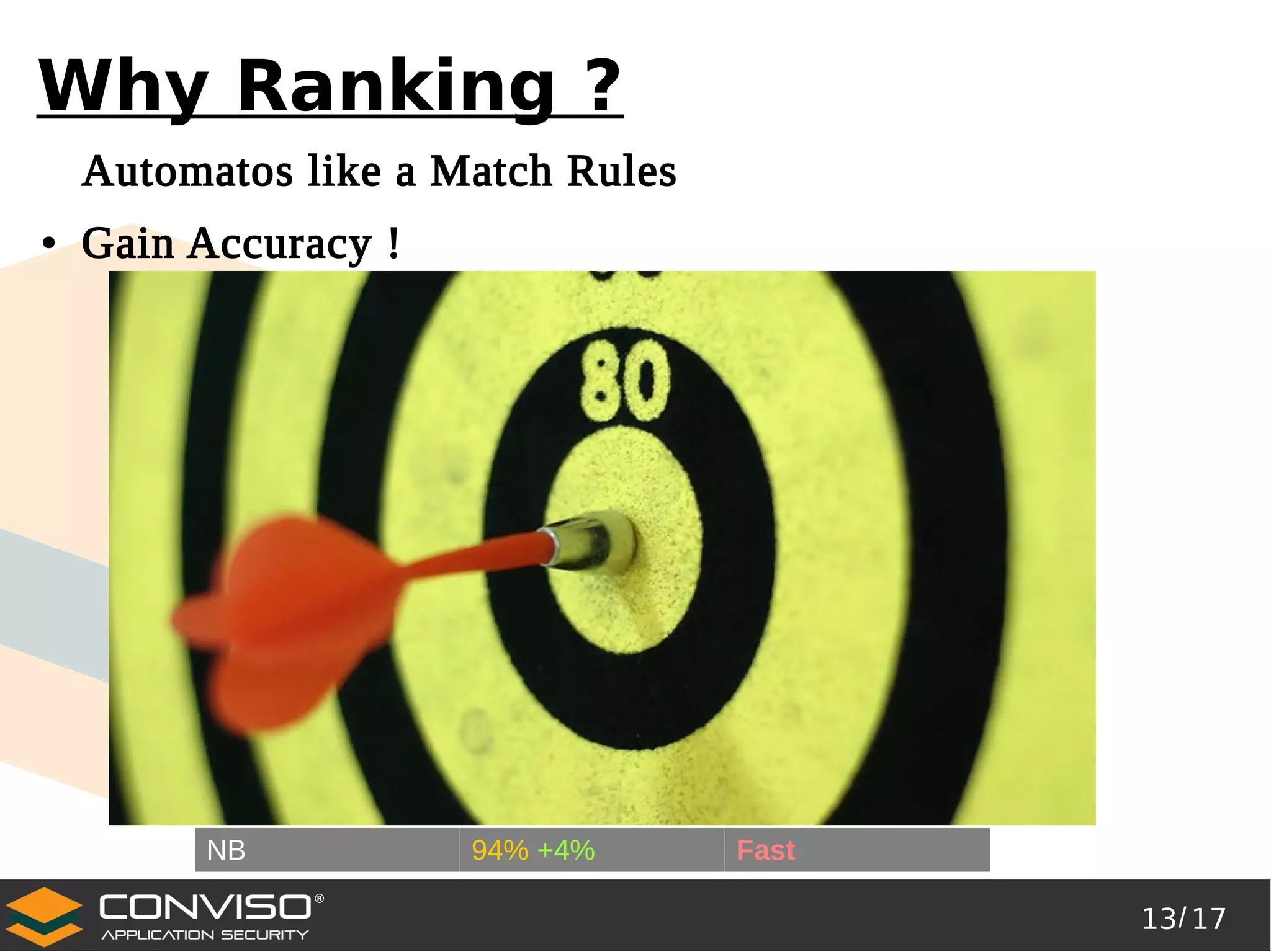 13/ 17
®
Why Ranking ?
Automatos like a Match Rules
● Gain Accuracy !
NB 94% +4% Fast
 