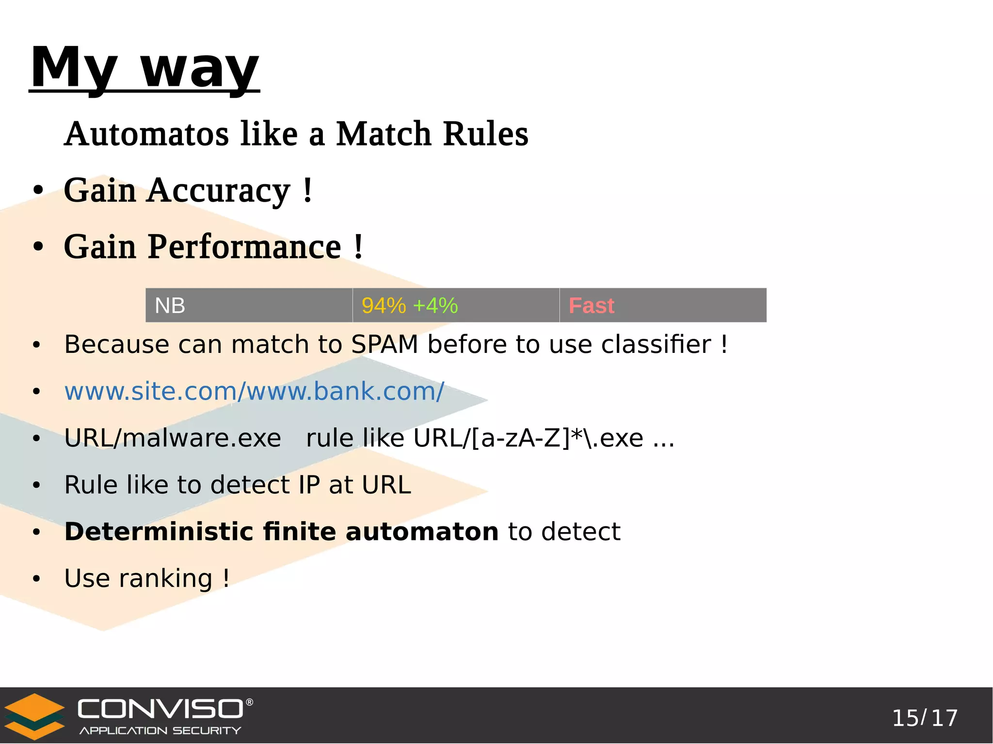 15/ 17
®
My way
Automatos like a Match Rules
● Gain Accuracy !
● Gain Performance !
● Because can match to SPAM before to use classifier !
● www.site.com/www.bank.com/
● URL/malware.exe rule like URL/[a-zA-Z]*.exe ...
● Rule like to detect IP at URL
● Deterministic finite automaton to detect
● Use ranking !
NB 94% +4% Fast
 