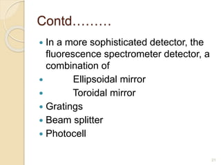 Contd……… 
 In a more sophisticated detector, the 
fluorescence spectrometer detector, a 
combination of 
 Ellipsoidal mirror 
 Toroidal mirror 
 Gratings 
 Beam splitter 
 Photocell 
21 
 